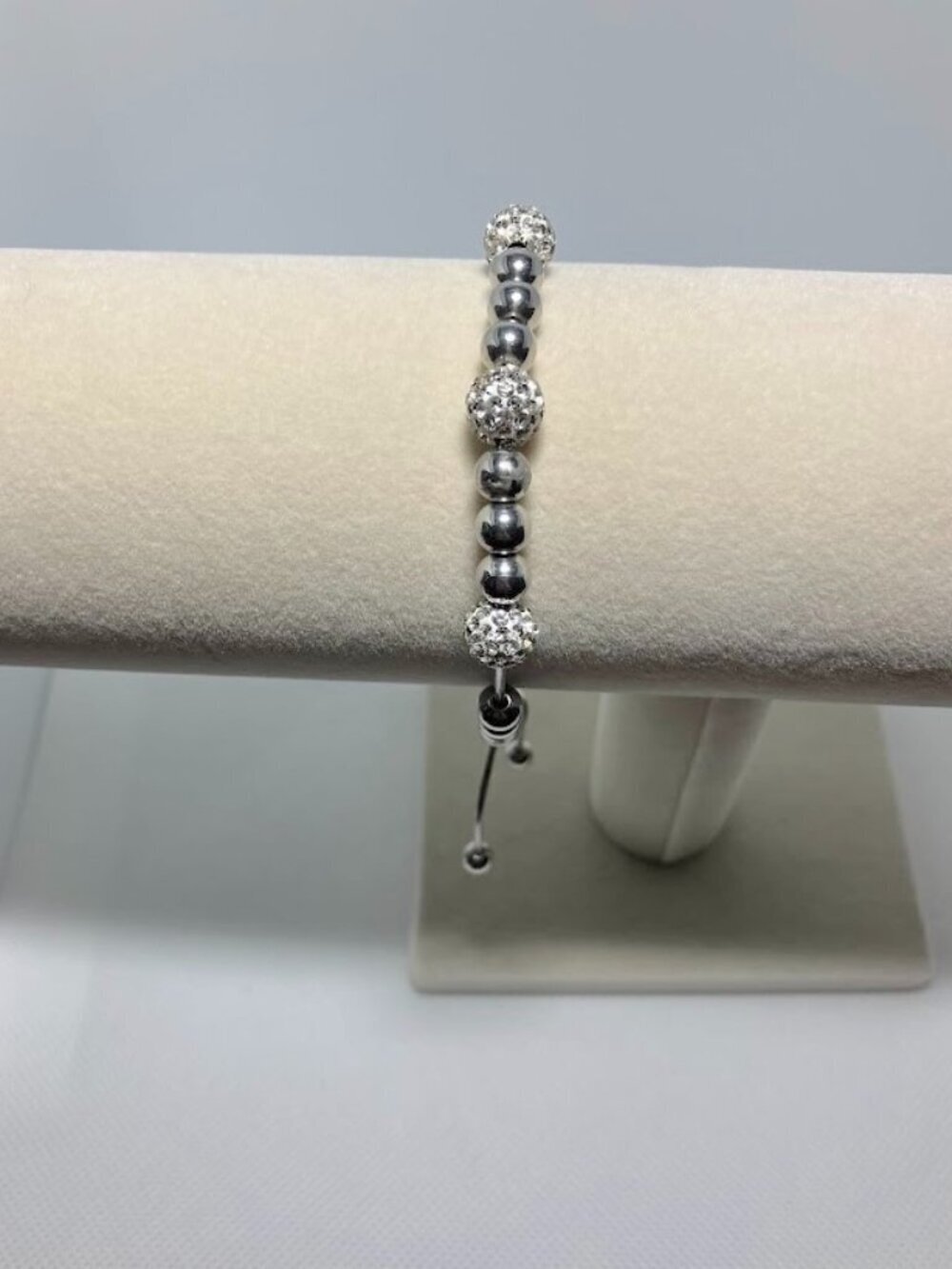 Crystal Ball Silver Stainless Steel Bead Adjustable Bracelet Pave Shine Sparkle